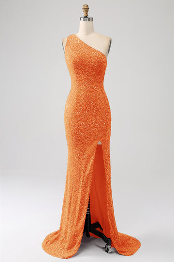 Scintillante Orange Sirena Una spalla Paillettes Abito da ballo con fessura
